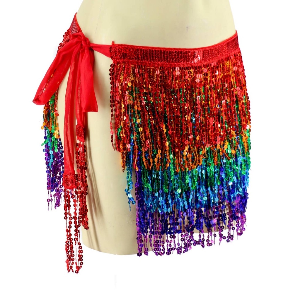 Nu Shuz Costumes Tie-Side Rainbow Sequin Fringe Wrap Around Mini Skirt
